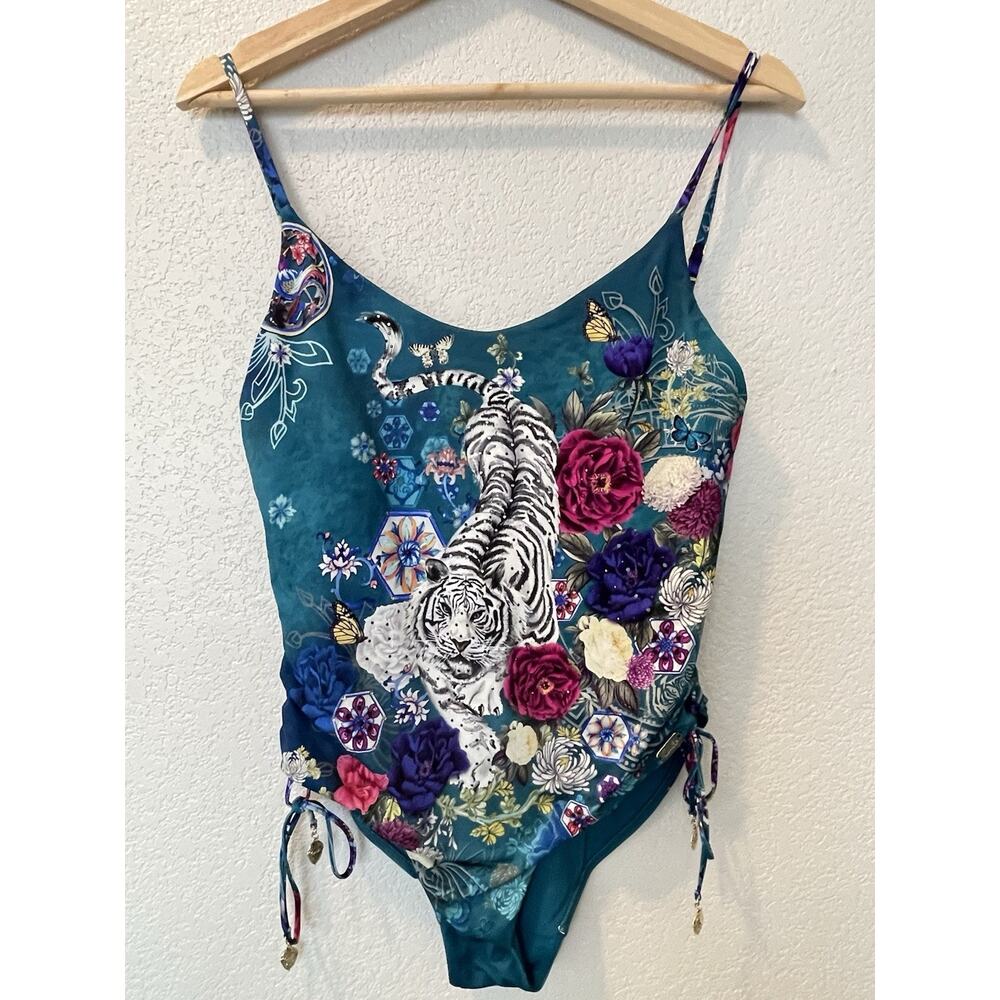 Camilla 'LUNAR GAZING' One-Piece Tiger Swimsuit S Stones Embellish Lace Up $359